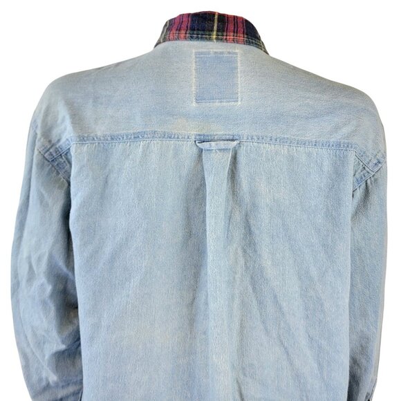 Vintage 90s Plaid Denim Shirt Women Medium Blue Red Button Up Collar Long Sleeve - Picture 15 of 16